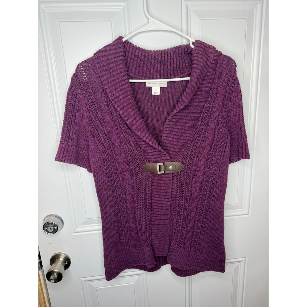 Christopher & Banks Purple Cable Knit Short Sleeve Cardigan Buckle Sweater M